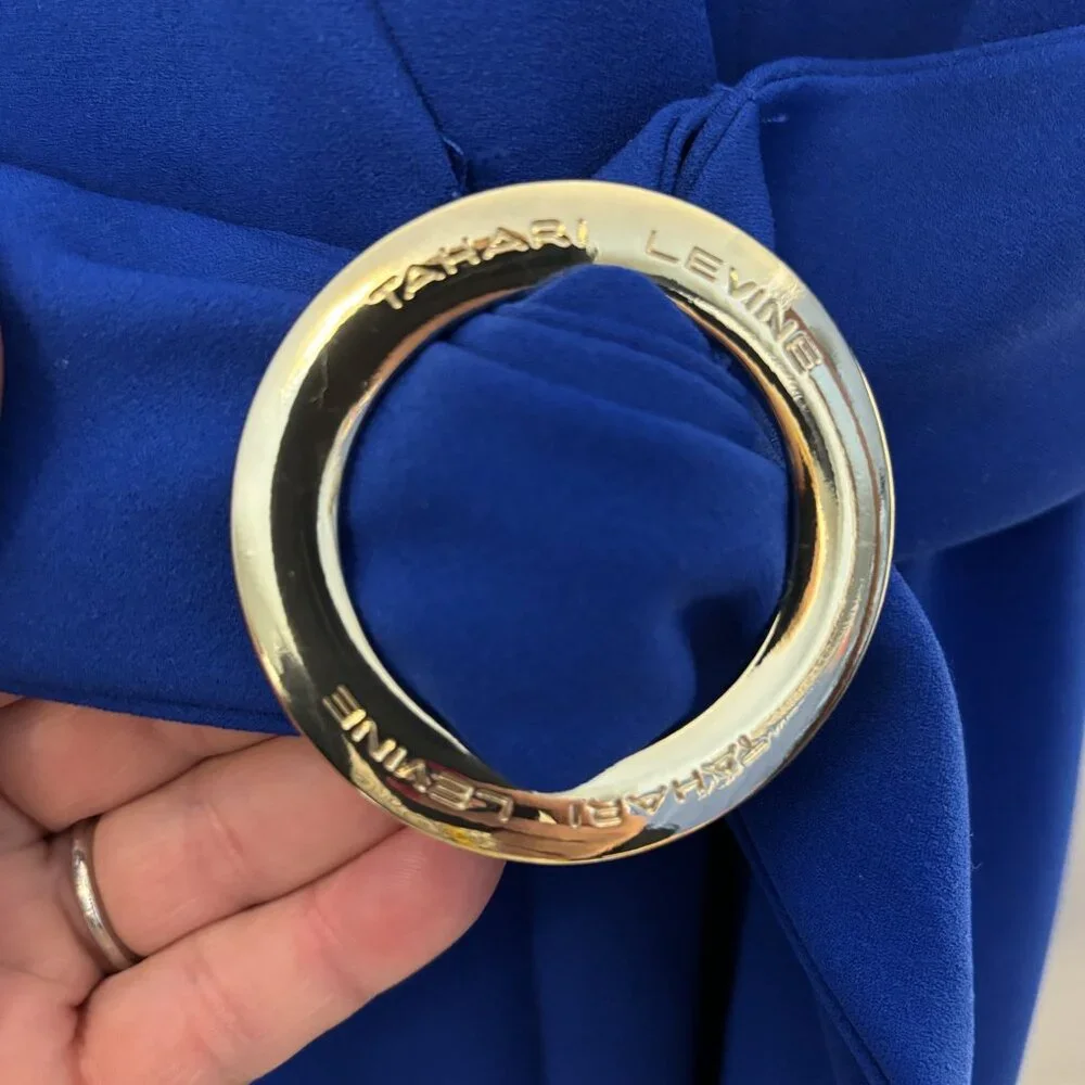 Tahari Arthur S. Levine Blue Belted Midi Faux Wrap Dress Collared Neck - Picture 7 of 11